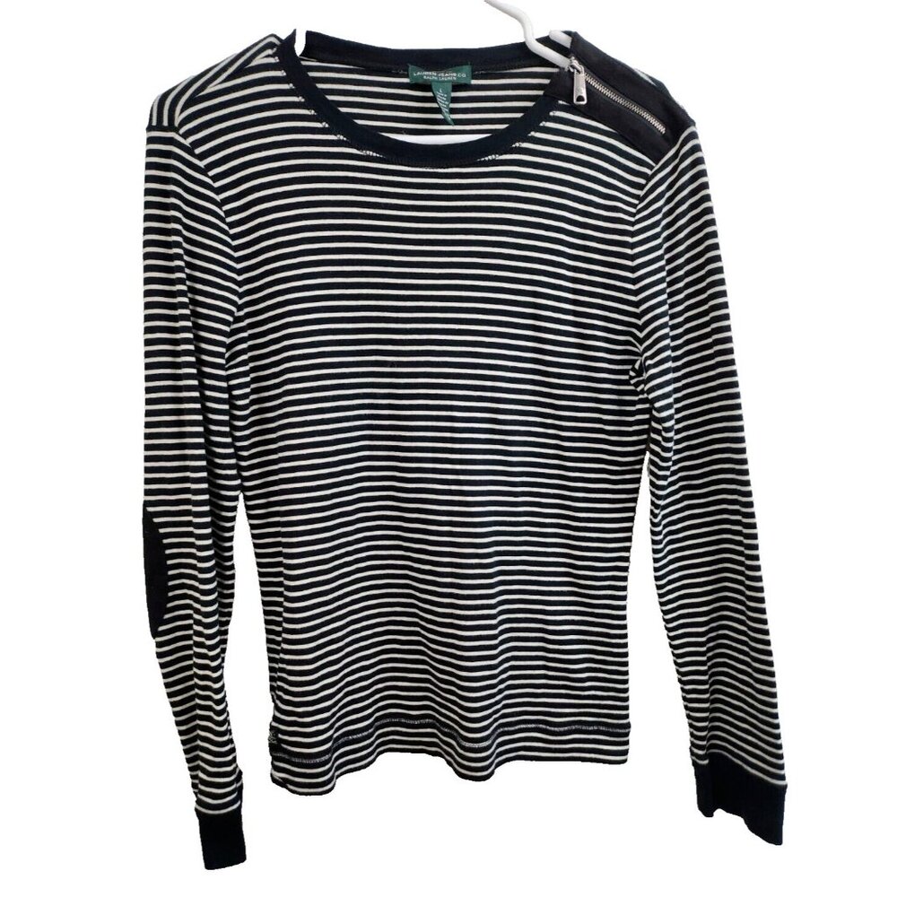 Lauren Ralph Lauren Womens Top Large Black White Striped Elbow Patch Long Sleeve - Picture 1 of 7